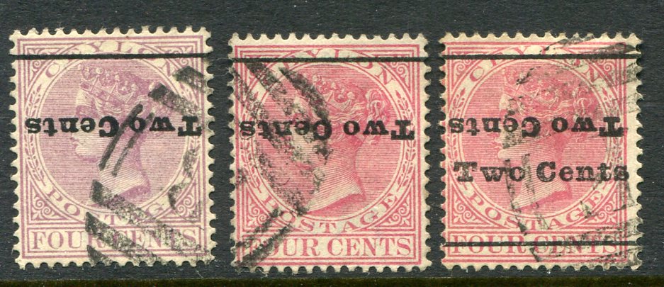 1888-90 Ceylon Two Cents on 4c Surcharge Errors Used