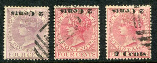 1888-90 Ceylon 2 Cents on 4c Surcharge Errors Used