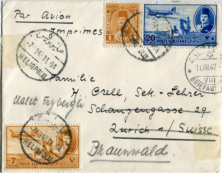 1947 Egypt Heliopolis Airmail to Switzerland