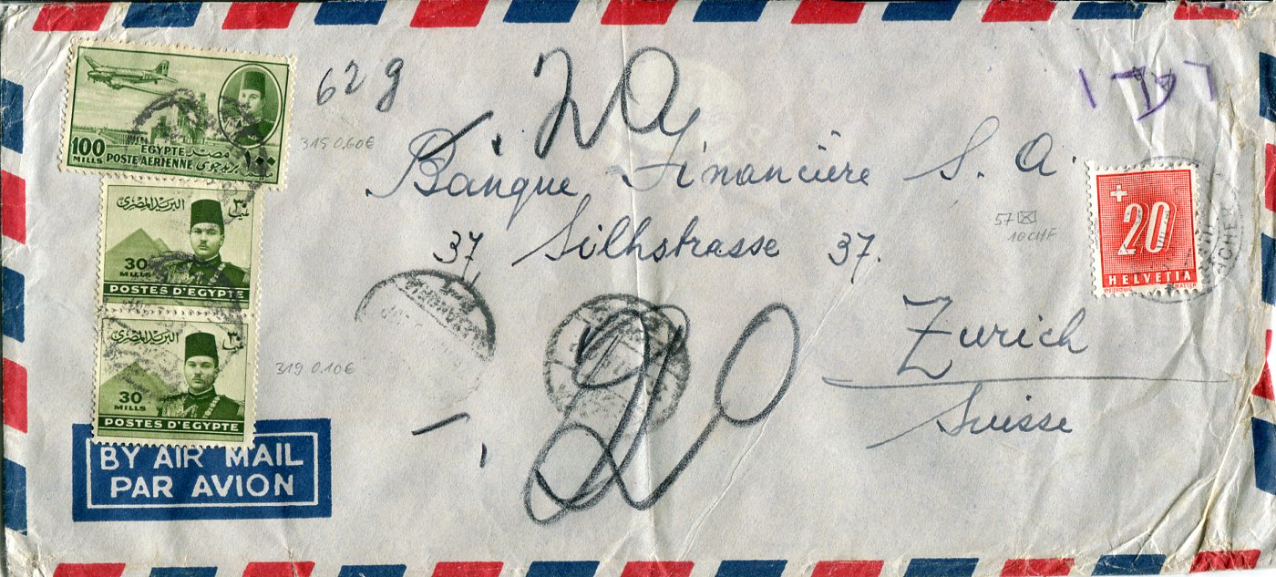 1947 Egypt Postage Due Cover to Switzerland