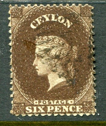 1862 Ceylon 6d deep brown p 13 Used Sg 41a