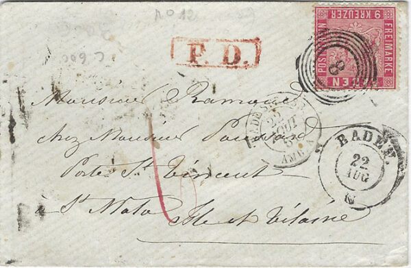 1864 Germany Baden 9Kr Entire to France