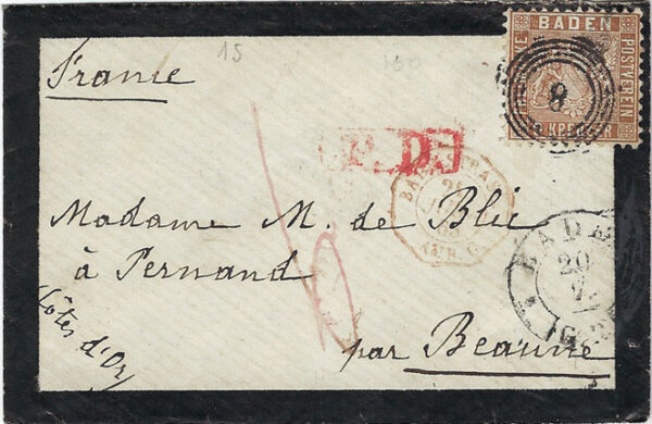 1863 Germany Baden 9Kr Mourning Cover to France