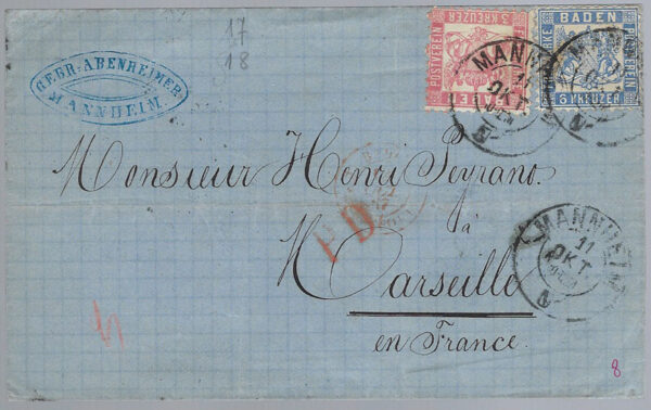 1867 Germany Baden 3Kr and 6Kr Entire to France