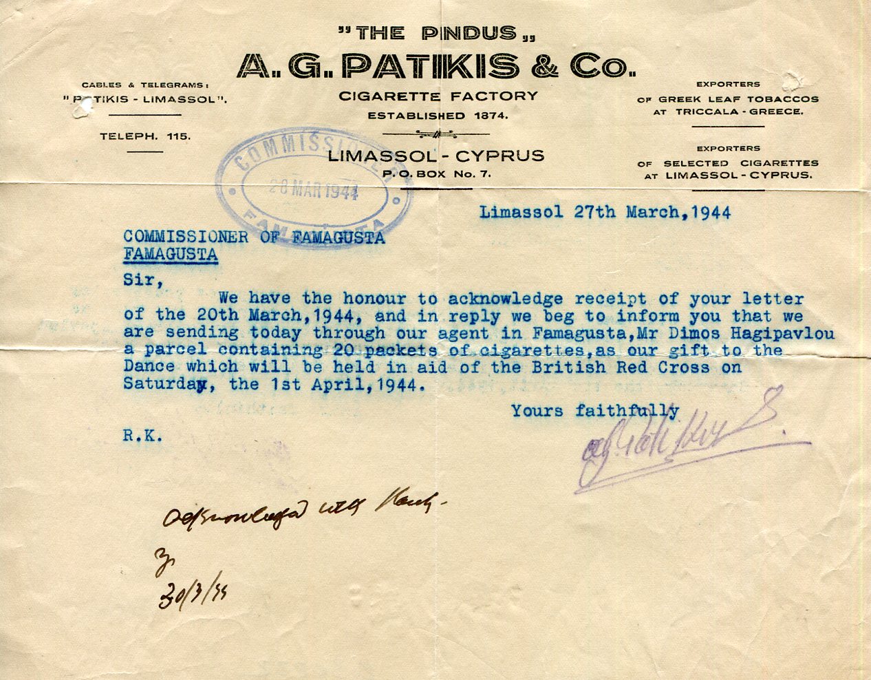 1944 Cyprus Limassol Cigarette Factory gift to Red Cross