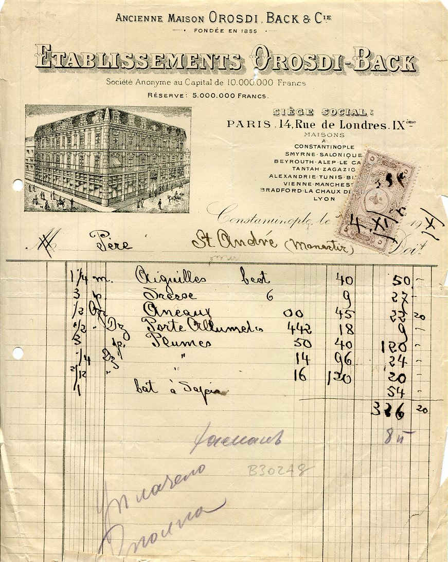 1911 Turkey Istanbul Orosdi-Back Invoice with 5pa