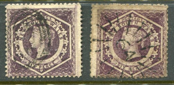 1866 NSW Australia 6d plate II wmk 5 and 12 Used Sg 165a, b