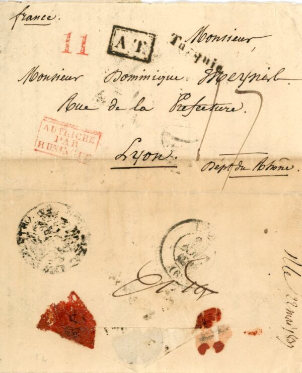 1836 Turkey Smyrna Disinfected at Semlin to Lyon overland