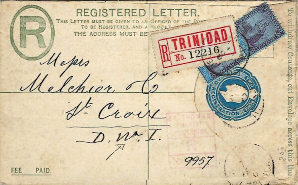 1905 Denmark DWI incoming Trinidad Registered Stationery