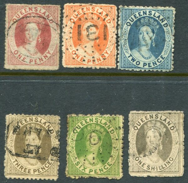 1862-63 Queensland Australia Used values to 1s Sg 21/22, 24/25, 27,29