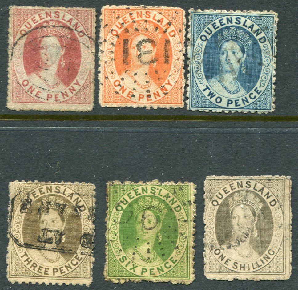 1862-63 Queensland Australia Used values to 1s Sg 21/22, 24/25, 27,29