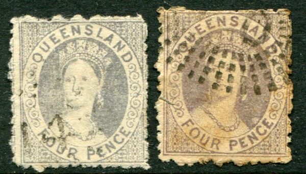1866 Queensland Australia two 4d Used Sg 53, 54