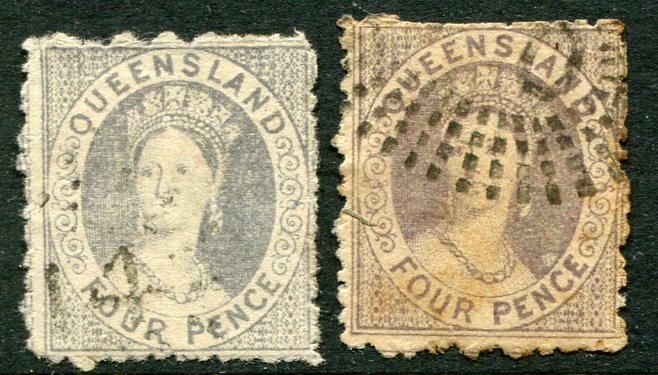 1866 Queensland Australia two 4d Used Sg 53, 54