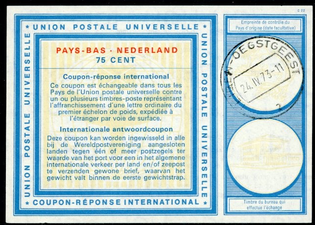 1973 Netherlands Leiden Oegstgeest 75c UPU C22 International Reply Coupon