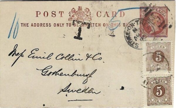 1890 Sweden Incoming Postage Due Card from England