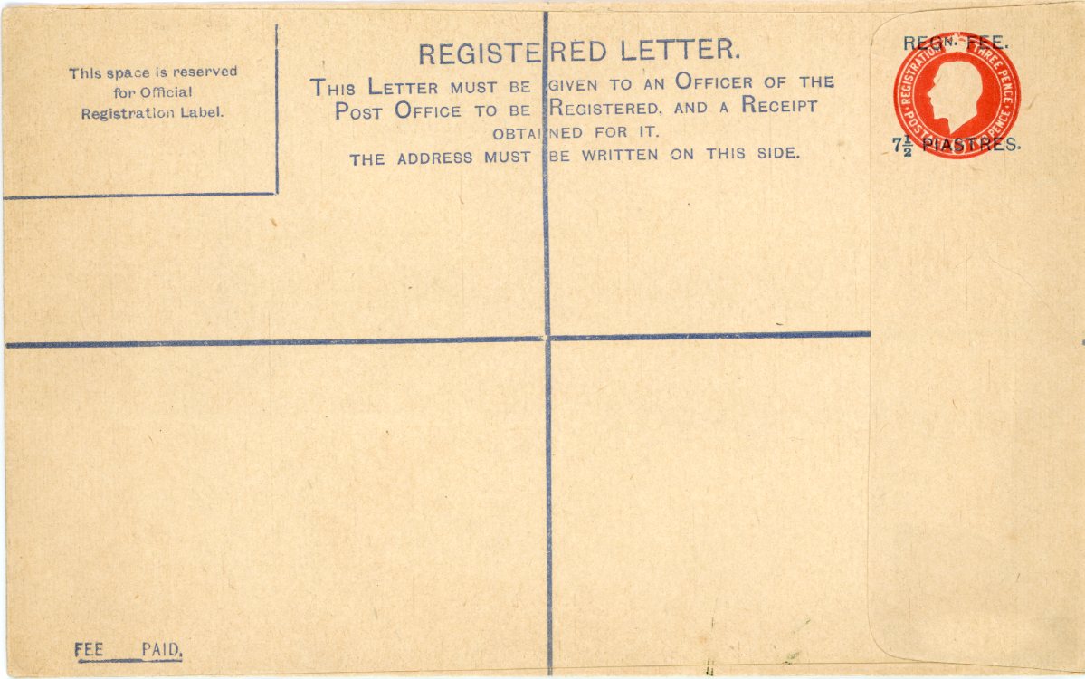 1921 British Levant 7 1/2pi on 5d size H Registered Envelope