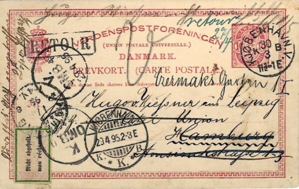 1895 Denmark Non Reclame Retour to Hotel in Hamburg