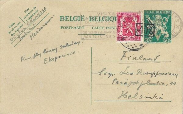 1958 Belgium 50c Victory Stationery to Finland