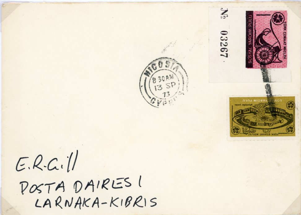 1973 Turkish Cyprus Social Aid Cover to Larnaca Post Office