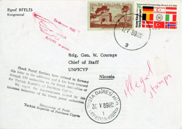 1989 Turkish Cyprus Cover by Eşref Bitlis to UNFICYP Refused