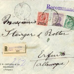 1912 Italian Levant Salonica Registered to Erfurt