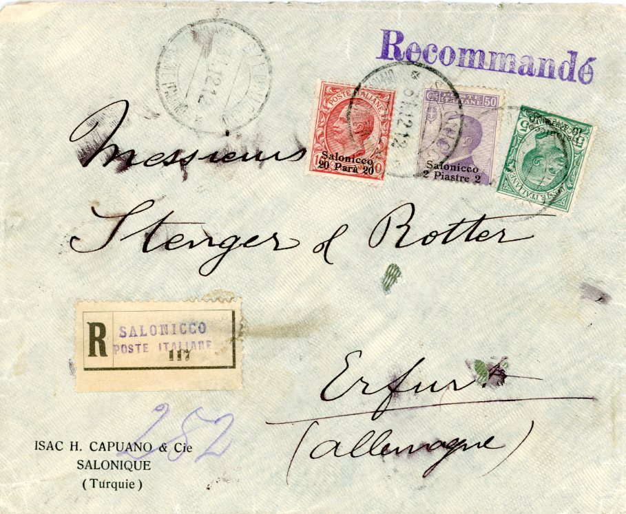 1912 Italian Levant Salonica Registered to Erfurt