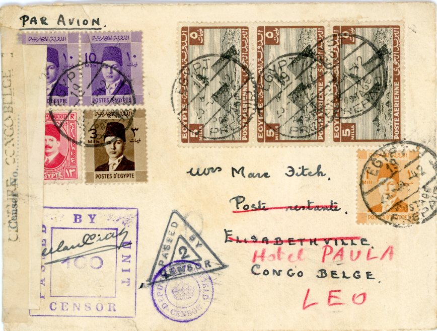 1942 Egypt Censored Airmail Cover to Belgium Congo
