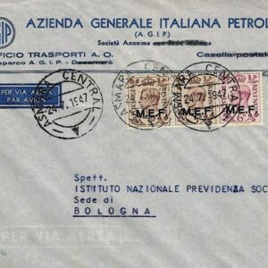 1947 Eritrea MEF Commercial to Bologna
