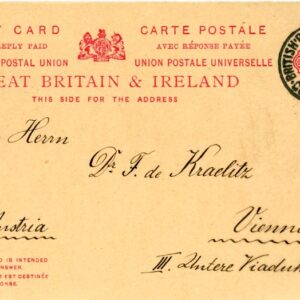 1911 British Levant Constantinople 1d + 1d Reply Postal Card to Vienna