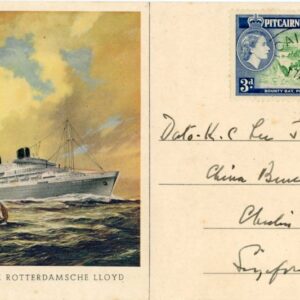 1959 Pitcairn Island Royal Rotterdam Lloyd card to Singapore