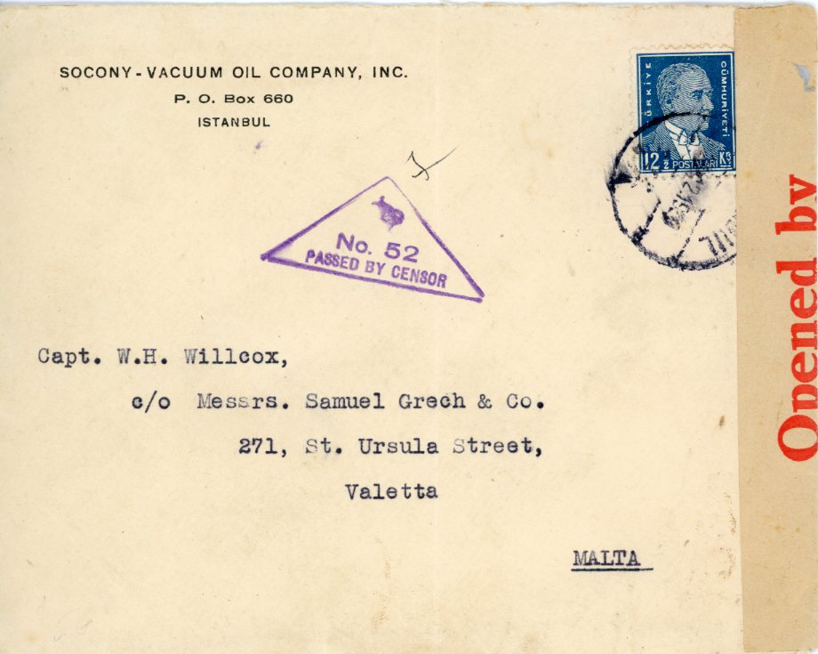 1939 Turkey Oil Company Censored to Malta