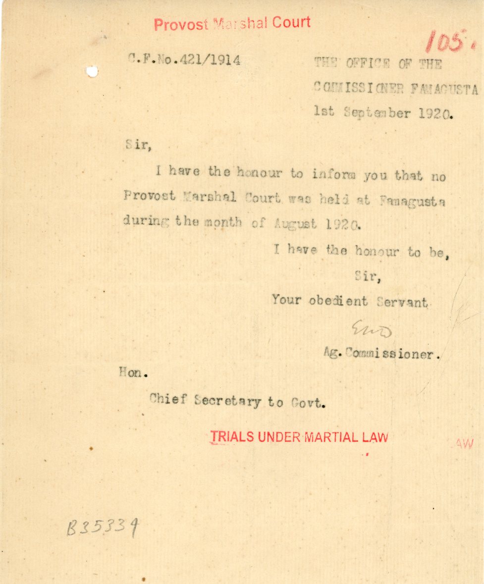 1914 Cyprus Famagusta Under Martial Law Marshal Court document