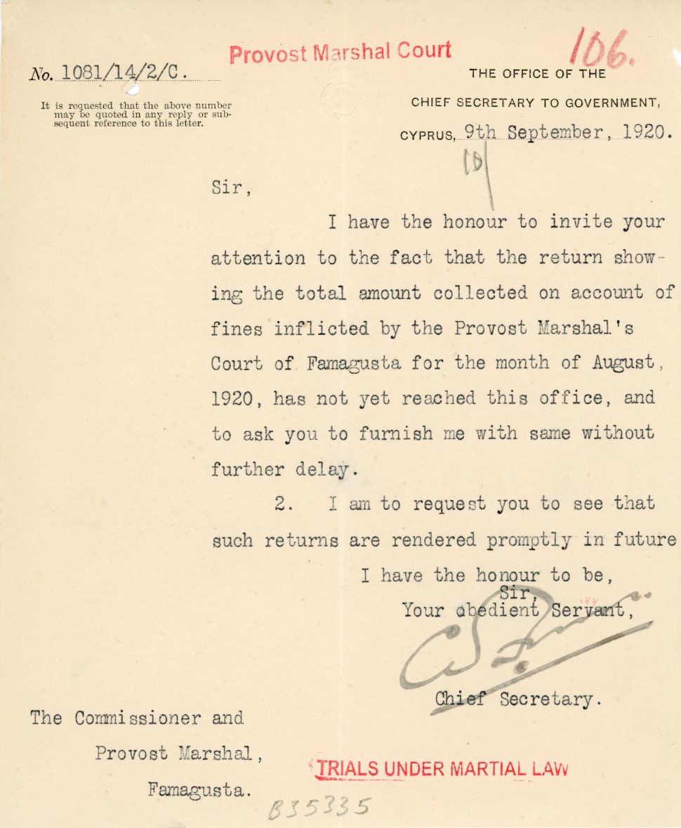 1920 Cyprus Famagusta Under Martial Law Marshal Court document