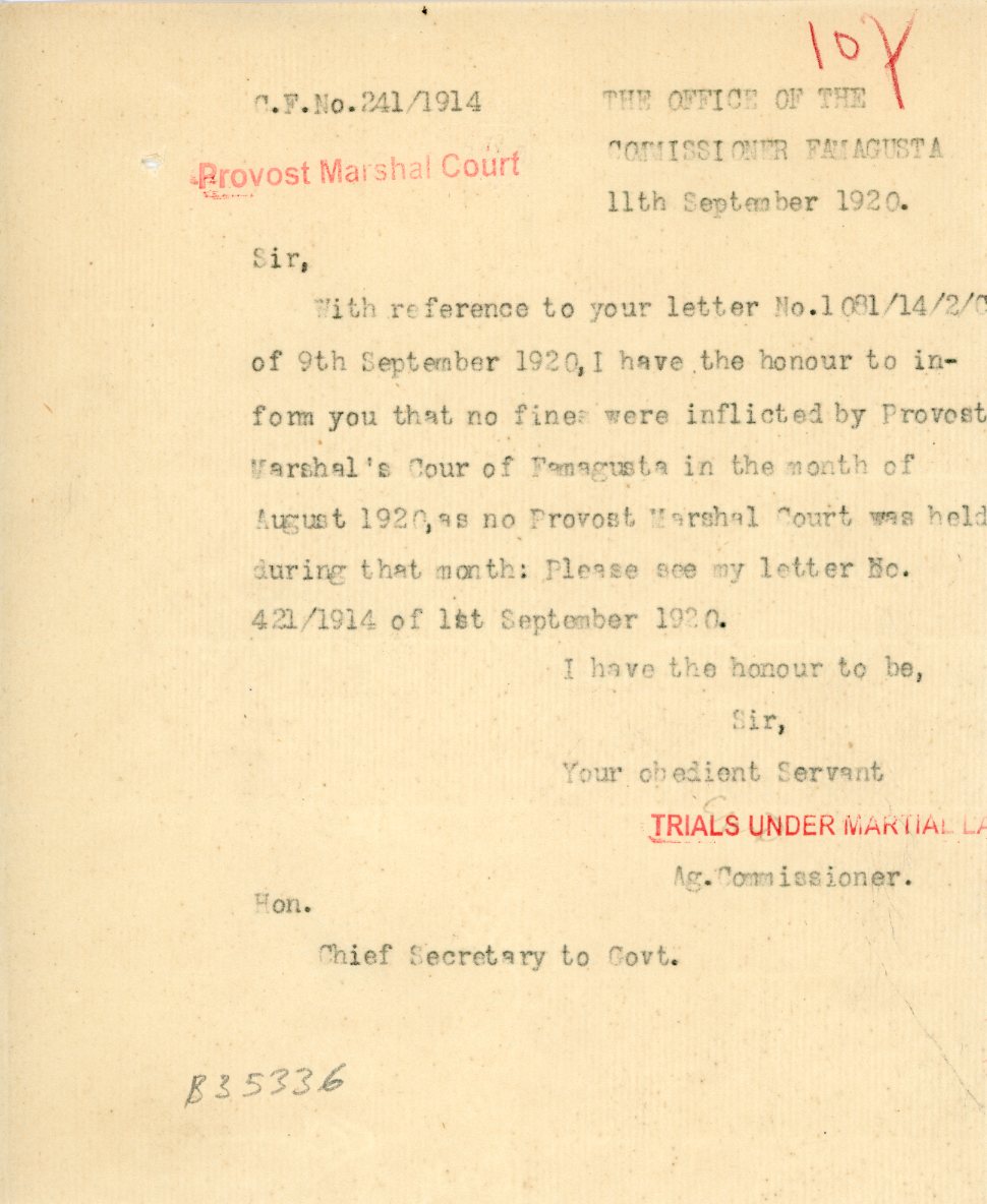 1920 Cyprus Famagusta Under Martial Law Marshal Court document