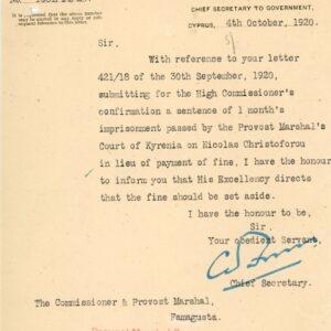 1920 Cyprus Famagusta Under Martial Law Marshal Court document