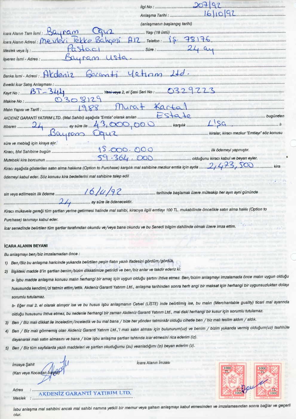 1992 Turkish Cyprus Hire Purchase Document with 56 Revenue stamps - Image 4