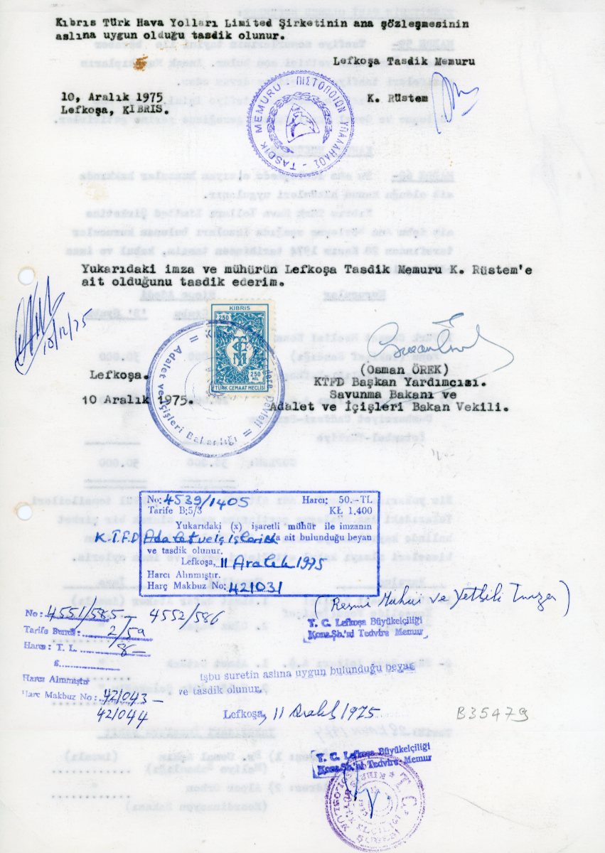1975 Turkish Cyprus Airlines confirmation letter with TCM 250m