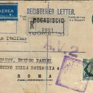 1945 MEF Somalia Registered Censored Stationery AV2 to Rome