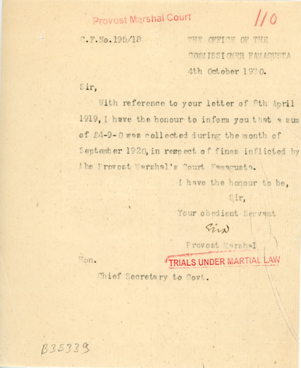 1920 Cyprus Famagusta Under Martial Law Marshal Court document