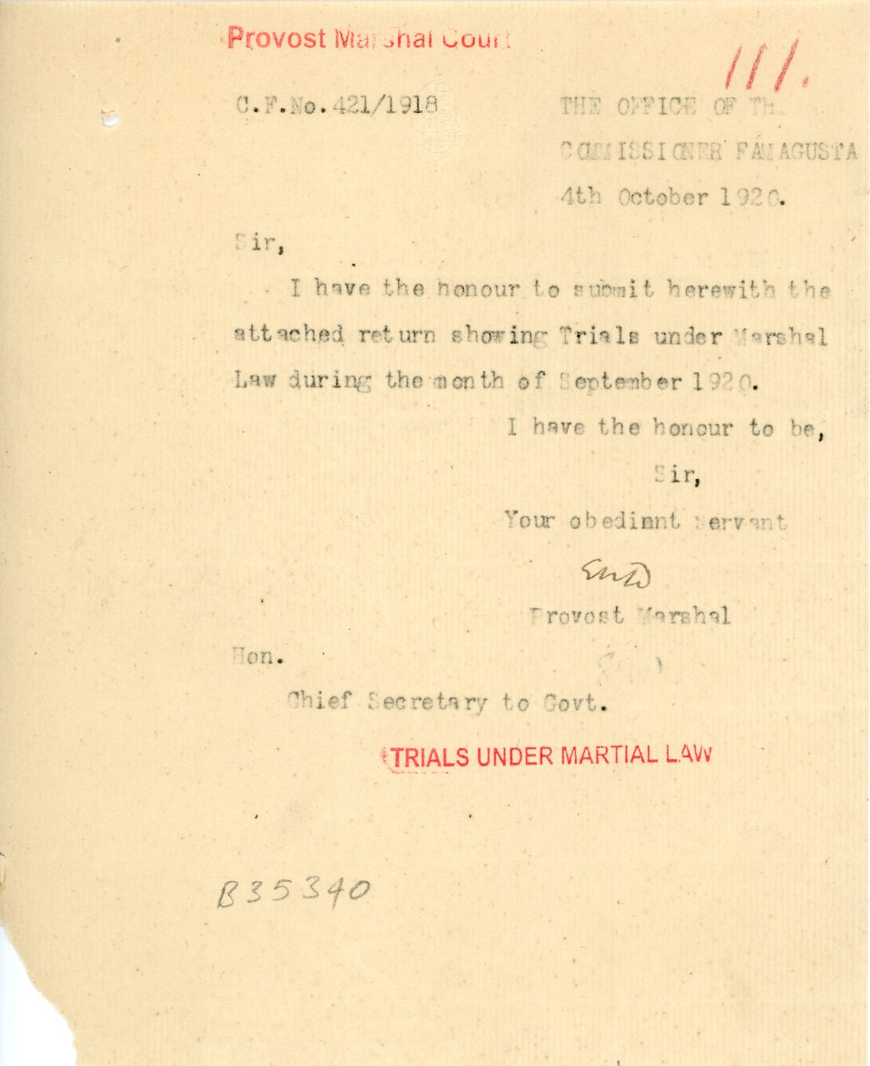 1920 Cyprus Famagusta Under Martial Law Marshal Court document
