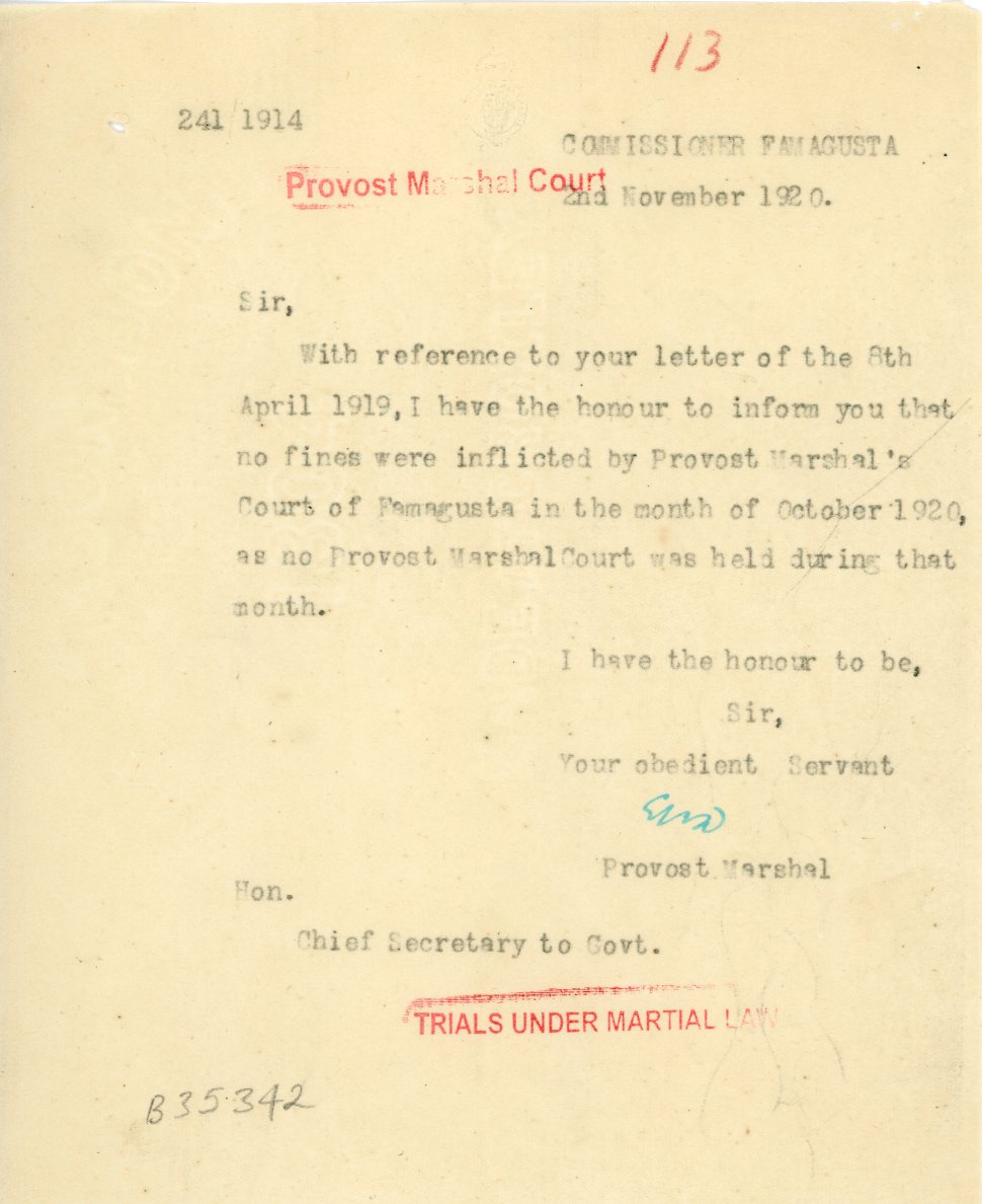 1920 Cyprus Famagusta Under Martial Law Marshal Court doc