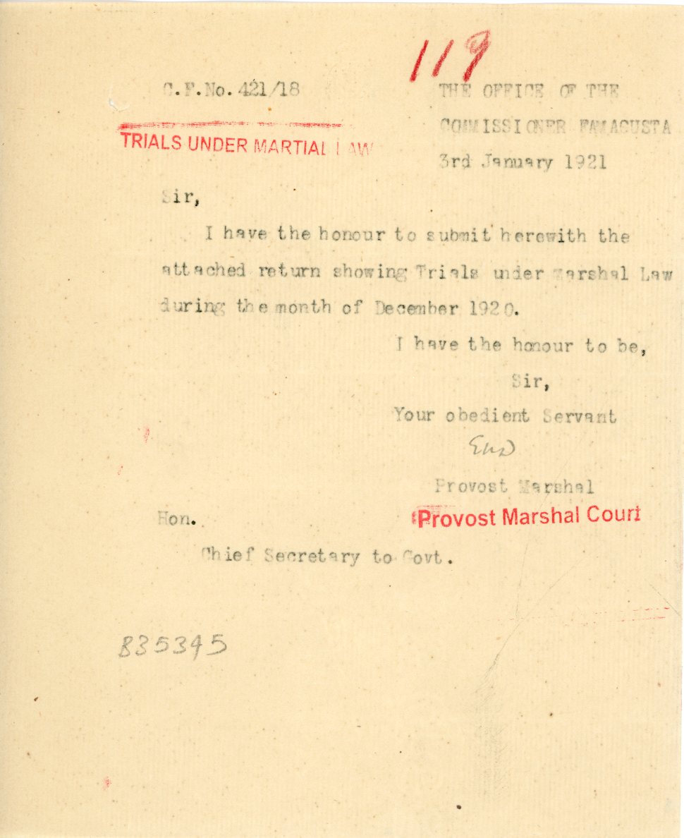 1921 Cyprus Famagusta Under Martial Law Marshal Court doc
