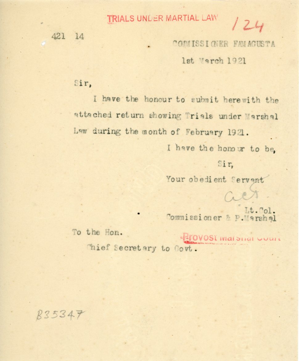 1921 Cyprus Famagusta Under Martial Law Marshal Court doc