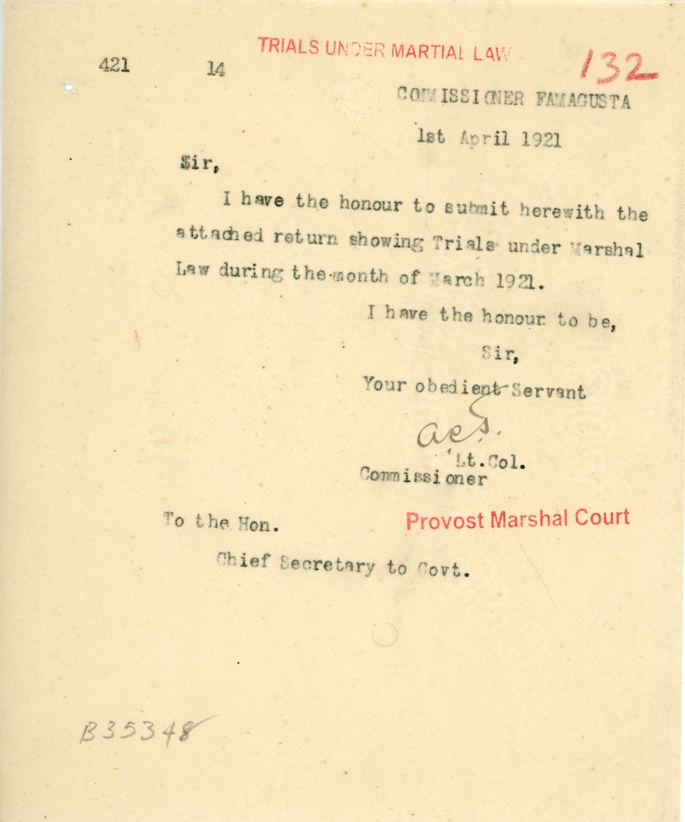 1921 Cyprus Famagusta Under Martial Law Marshal Court doc