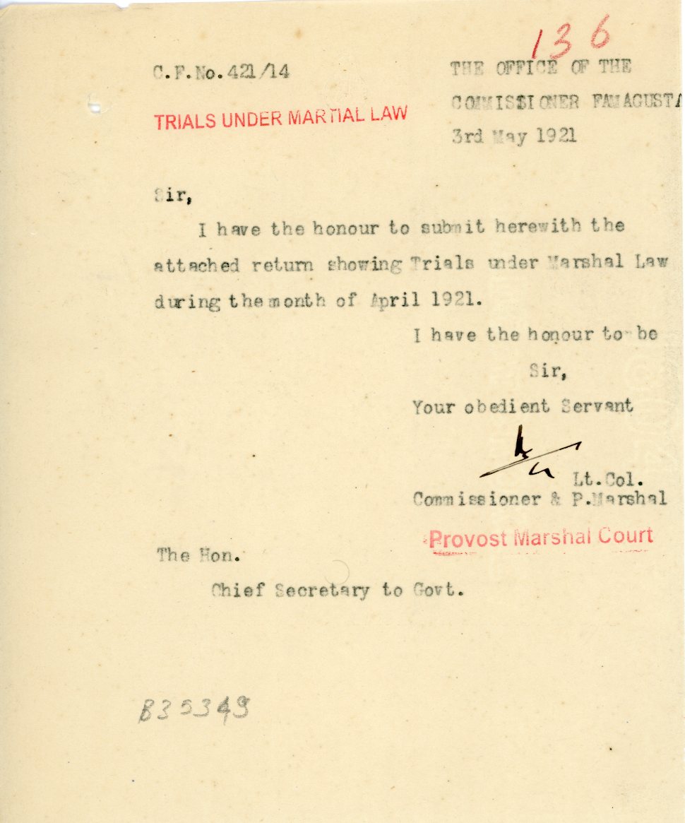 1921 Cyprus Famagusta Under Martial Law Marshal Court doc