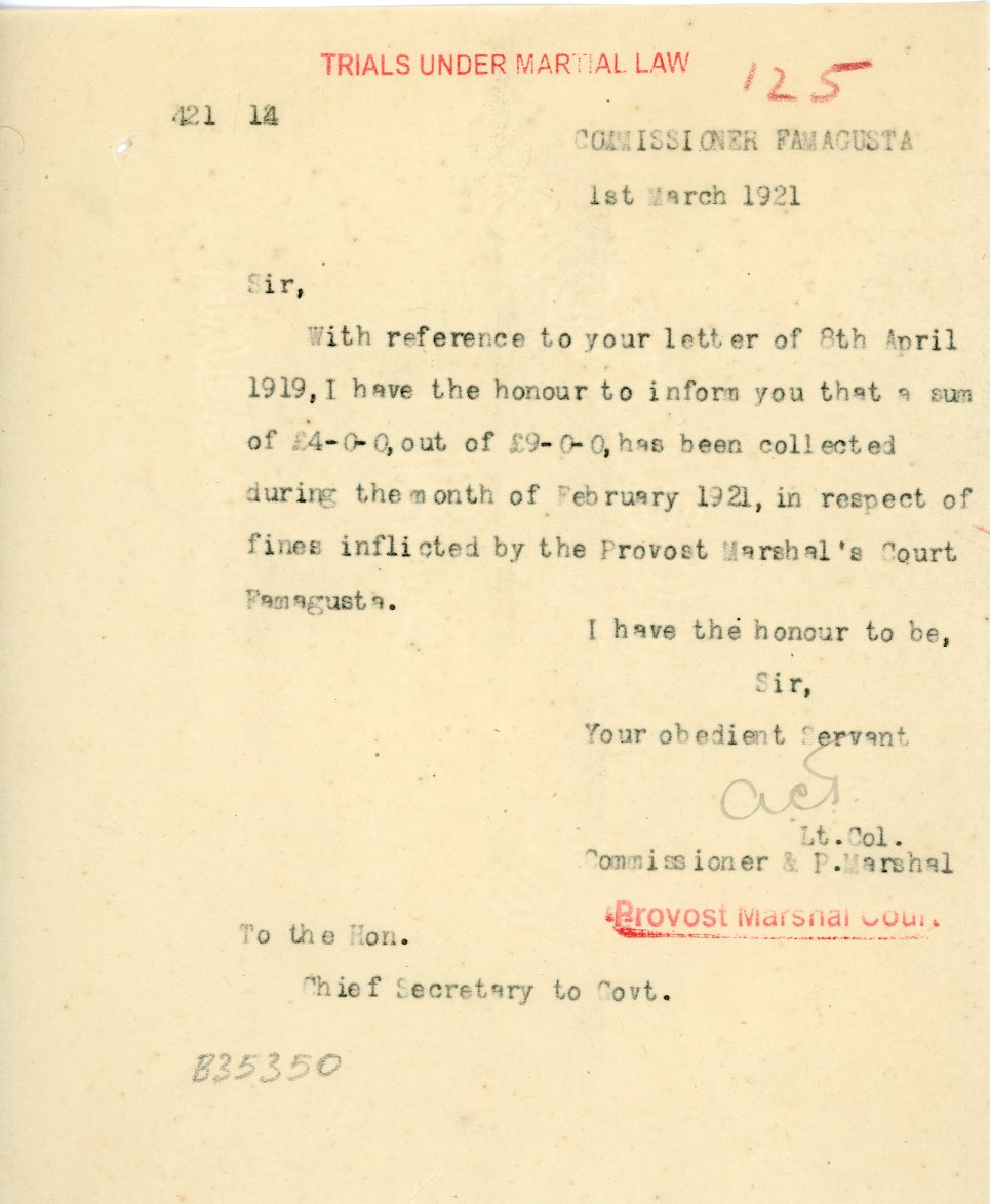 1921 Cyprus Famagusta Under Martial Law Marshal Court doc