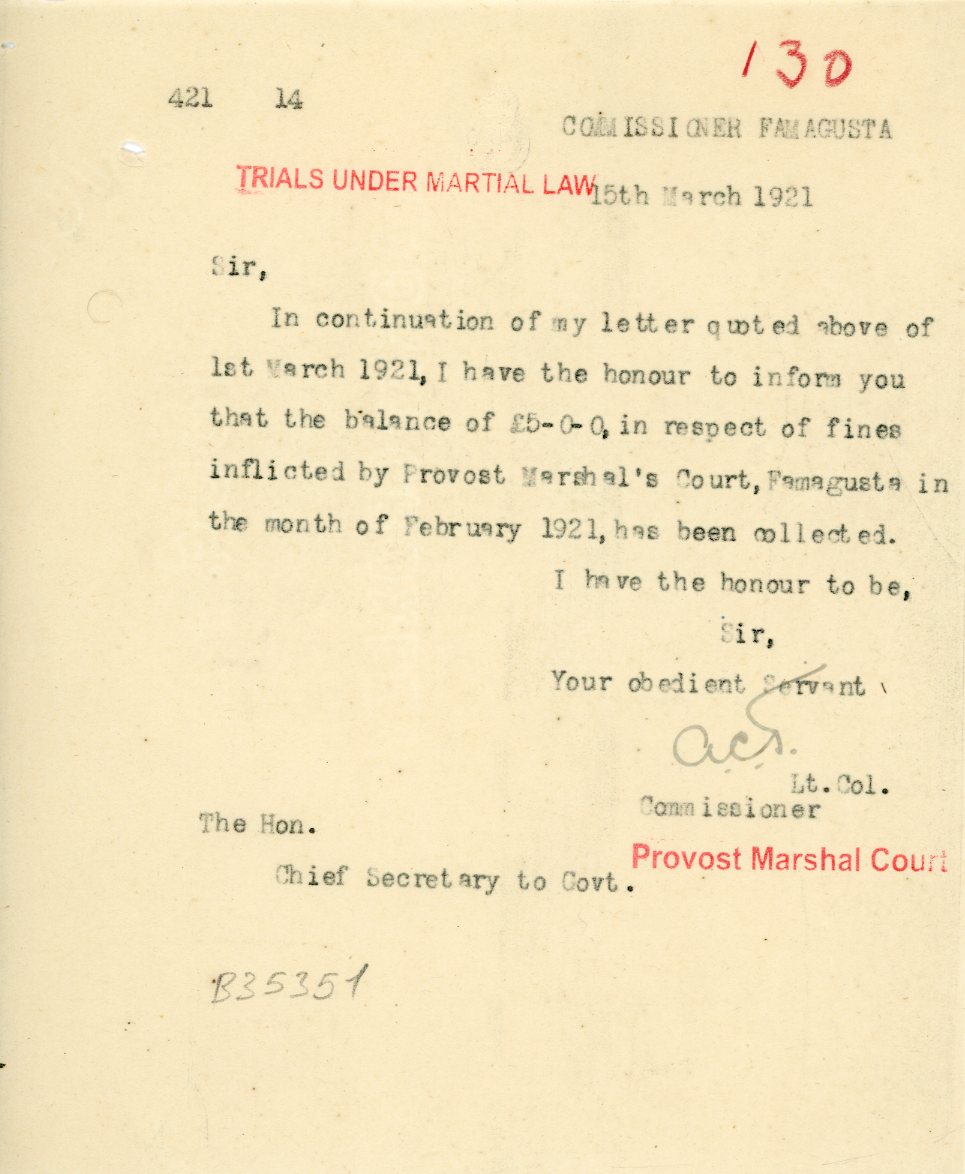 1921 Cyprus Famagusta Under Martial Law Marshal Court doc
