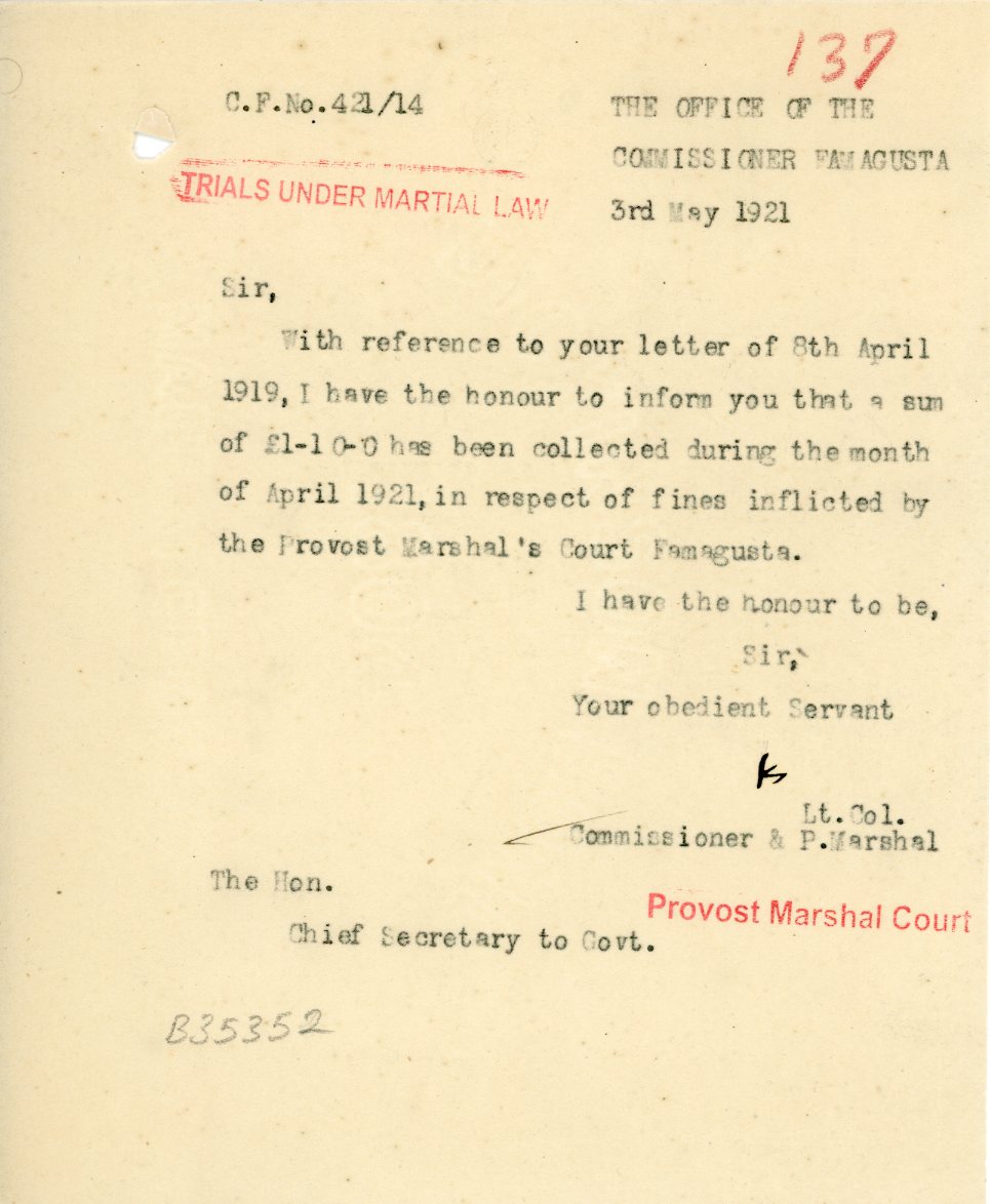 1921 Cyprus Famagusta Under Martial Law Marshal Court doc