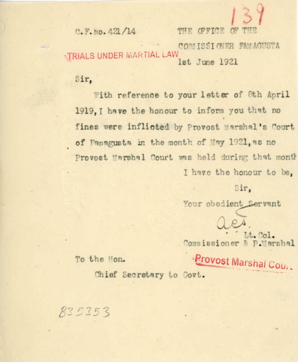 1921 Cyprus Famagusta Under Martial Law Marshal Court doc