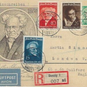 1938 Danzig 10pf Philosopher Picture Stationery Registered to London